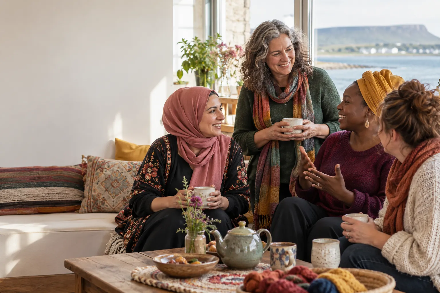 Women from different backgrounds sharing conversation and tea in a bright community room in Sligo
